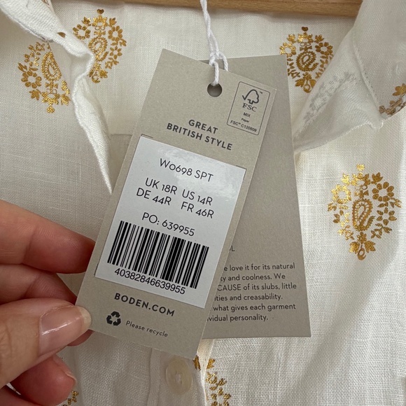BODEN White Linen Button Down Shirt Top Size 14 with Gold Print - NWT Brand New! - Picture 3 of 6